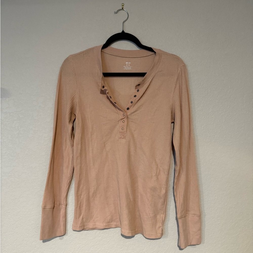 Aerie Tan Fitted Long Sleeve Polo Blouse